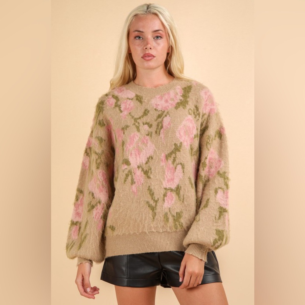 New In Soft Cozy Floral Print Sweater in Mocha size small